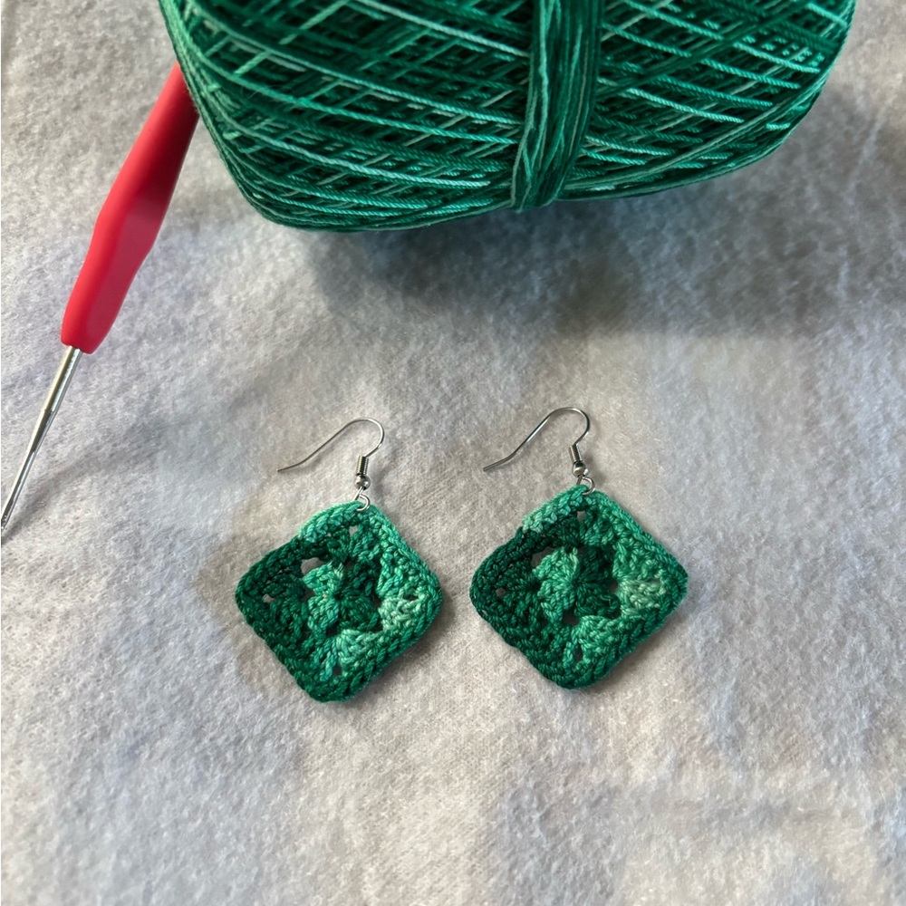 Green Crochet Granny Square Earrings
